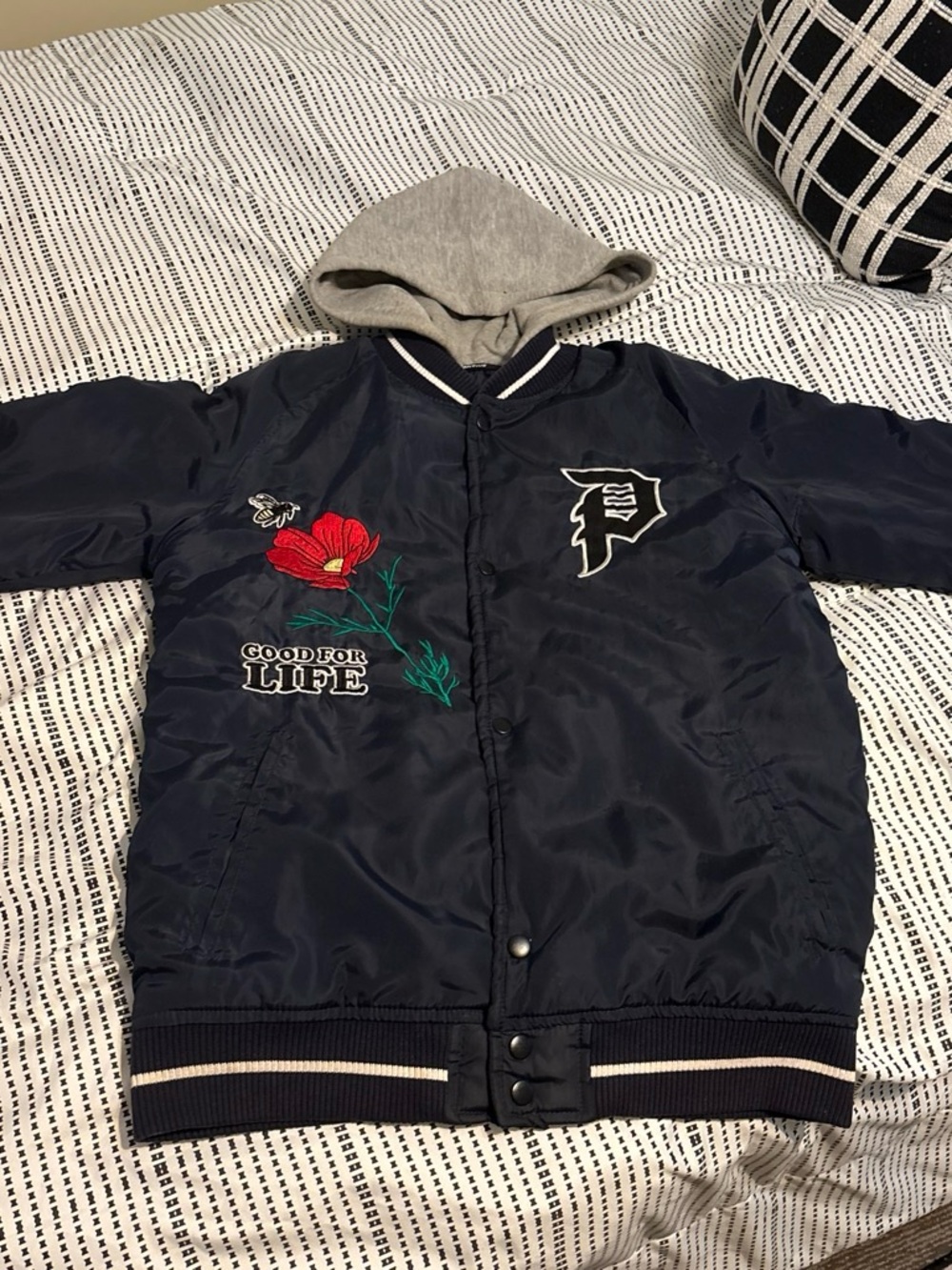 Primitive Navy Kids Hooded Puffer Jacket with Red Floral Embroidery